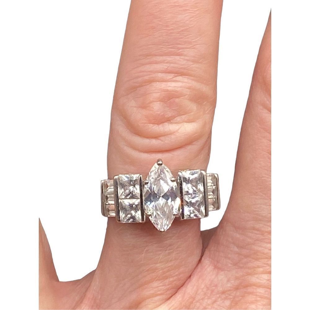 Sterling silver 925 2 karat Marquis CZ flanked by princess cut and baguette CZs